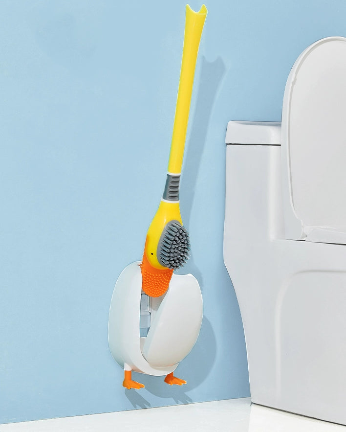 送料無料 トイレブラシ シリコン製 トイレ掃除 アヒル型 あひる 掃除用具 トイレ用品 ケース付き 柄付きブラシ 床置き 壁付け ソフト 柔らか 一体型 便器ブ 3402