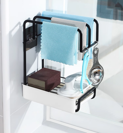 送料無料　キッチン収納棚 フック付き 雑巾ラック 壁付け棚 ステンレス 壁掛けラック  収納トレイ 穴開けない　