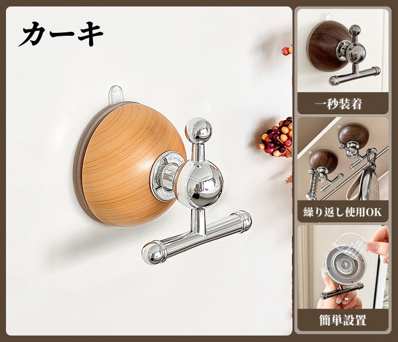 送料無料 丸型 木目調 強力吸着 強力吸盤フック 吸盤式フック おしゃれ 強力吸盤フック 跡が残らない 簡単設置 繰り返し使える 壁掛け 省スペース 3432