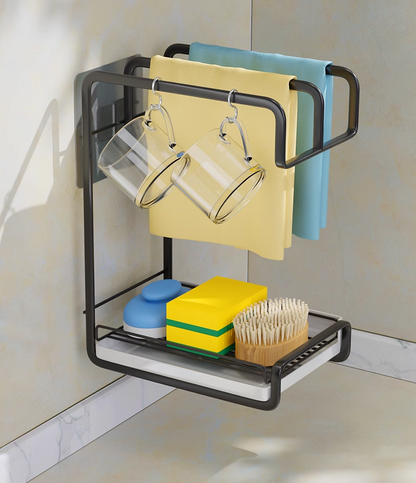 送料無料　キッチン収納棚 フック付き 雑巾ラック 壁付け棚 ステンレス 壁掛けラック  収納トレイ 穴開けない　