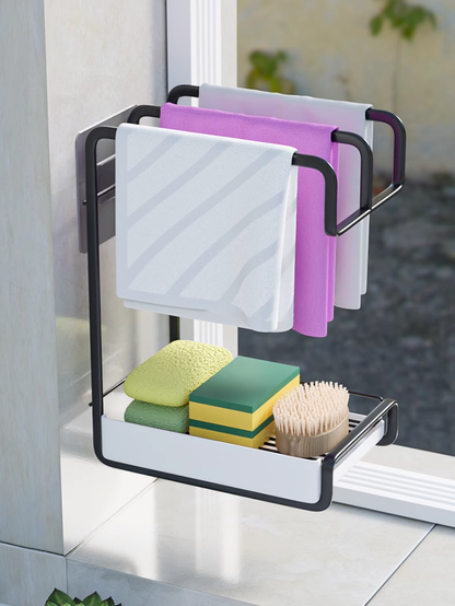 送料無料　キッチン収納棚 フック付き 雑巾ラック 壁付け棚 ステンレス 壁掛けラック  収納トレイ 穴開けない　