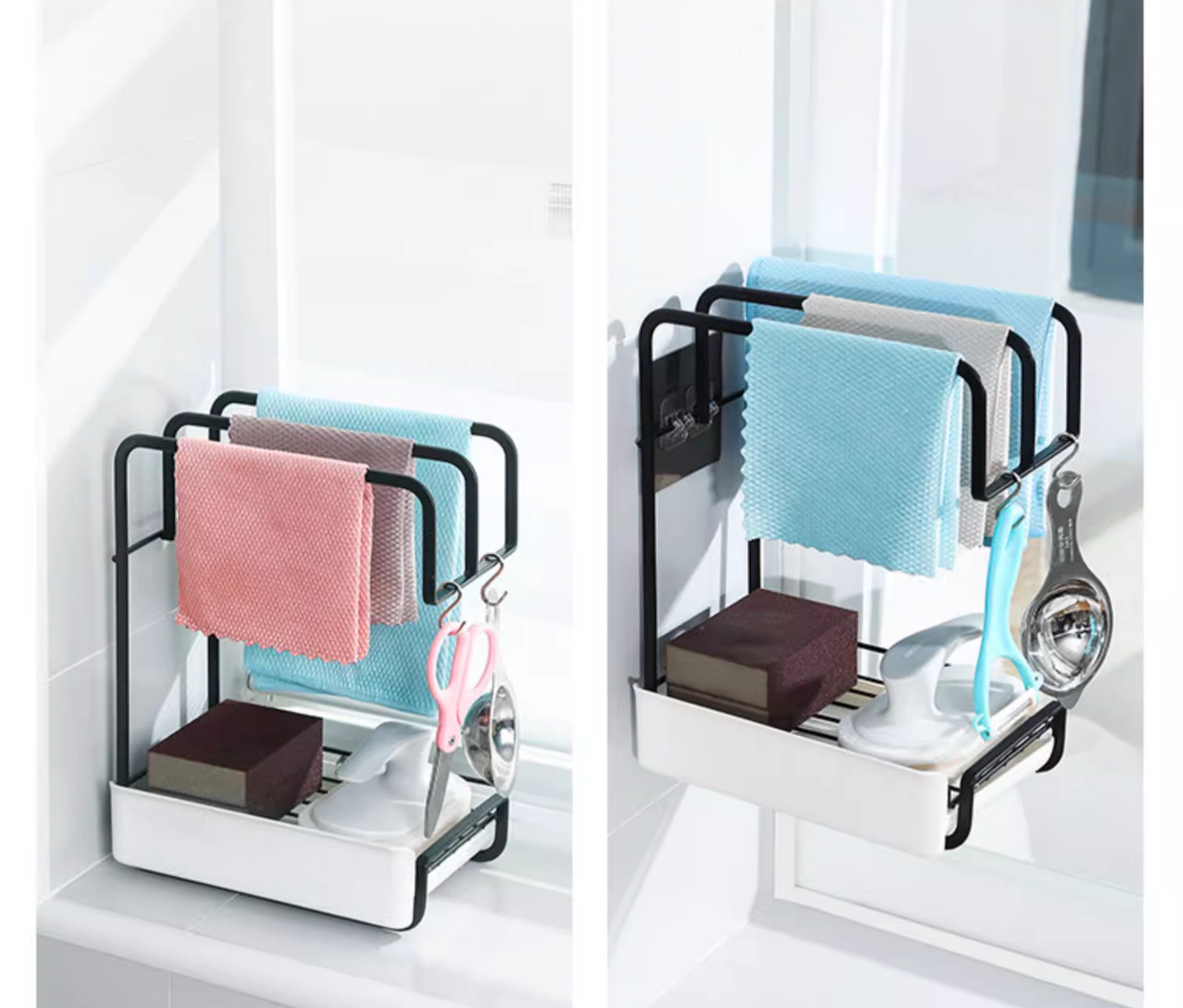 送料無料　キッチン収納棚 フック付き 雑巾ラック 壁付け棚 ステンレス 壁掛けラック  収納トレイ 穴開けない　