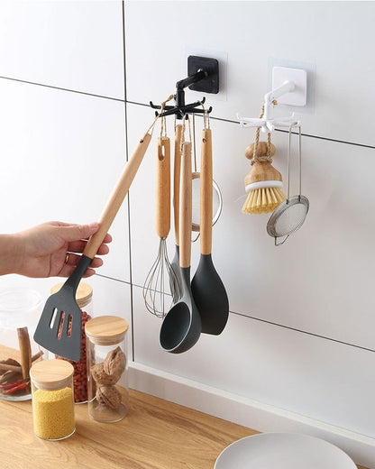 送料無料 壁掛けフック 3個セット 360°回転 収納フック 6つの爪 粘着フック キッチンツールフック 台所ツール 収納 壁掛け フック へら掛け 鍵掛け 3400