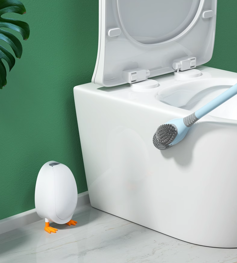 送料無料 トイレブラシ シリコン製 トイレ掃除 アヒル型 あひる 掃除用具 トイレ用品 ケース付き 柄付きブラシ 床置き 壁付け ソフト 柔らか 一体型 便器ブ 3402